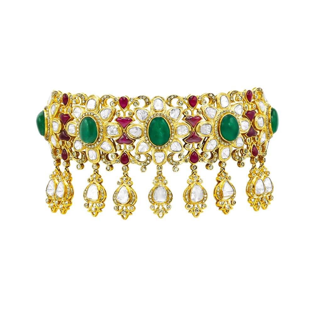 Fusion Choker with Emerald Cabochons, Rubies, and Polki